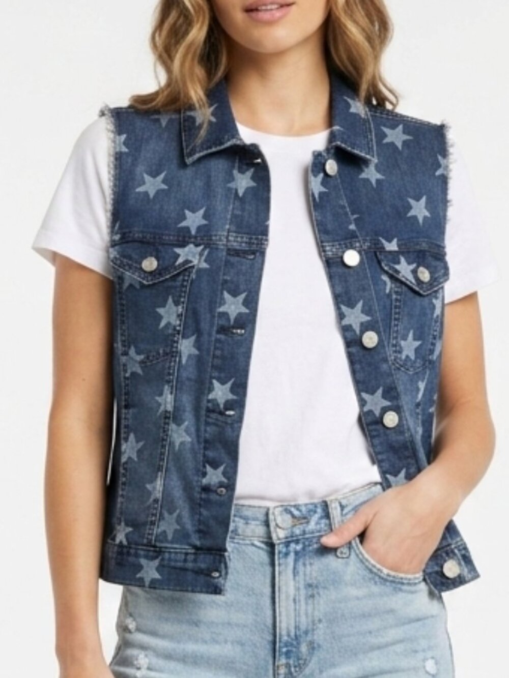 Star Print Frayed Rock & Republic Blue Denim Gunshow Vest Size M Medium